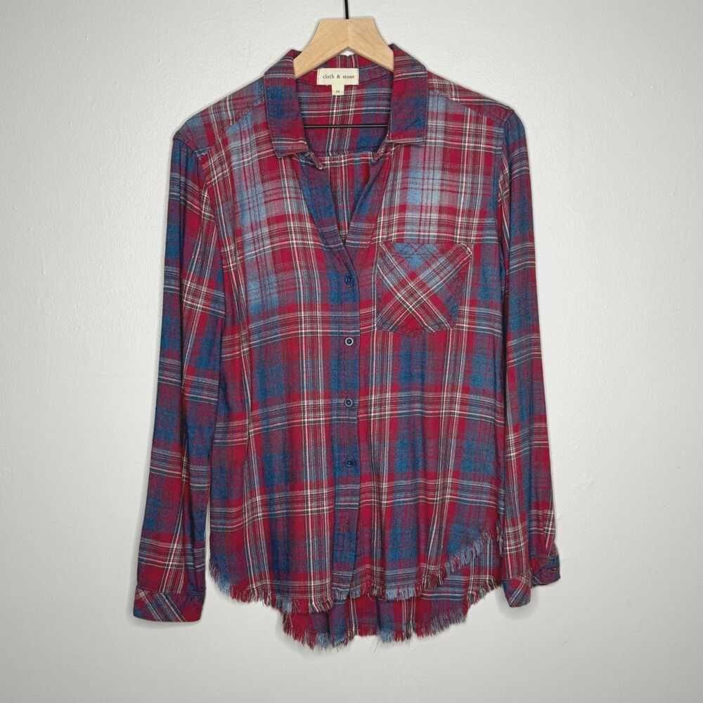 Cloth + Stone‎ Womens Button Up Shirt Medium Red Blue Plaid Fringe Western Rodeo
